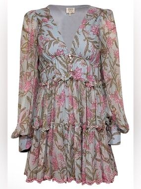 Hemant & Nandita Floral V-Neck Mini Dress in Light Blue and Pink size XS